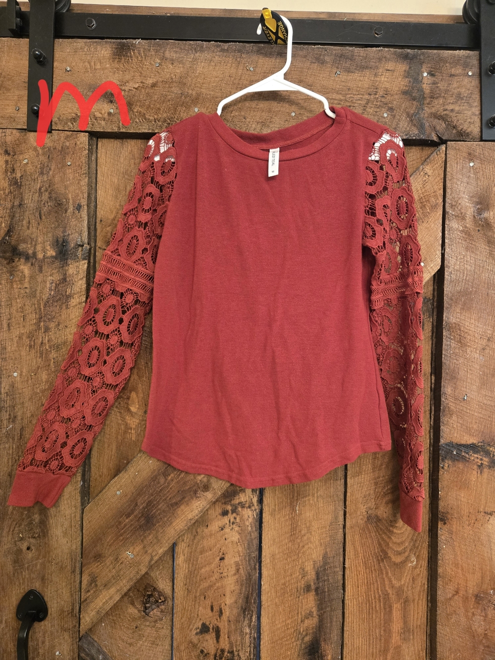 Lace-Sleeve Long Sleeve Top in Rust Red